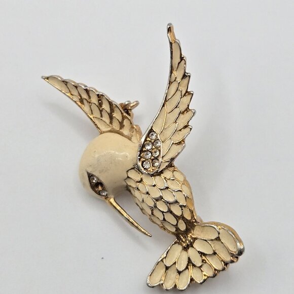 VTG 2PC Brooch Fairy Whimsy Spring Antique Look Marble Enamel Hummingbird Flower - Picture 4 of 12